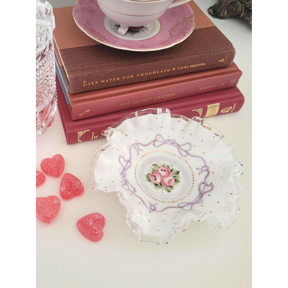 Vintage Candy Dish Fenton Silver Crest Milk Glass Ruffled Edge Hand Painted Ros